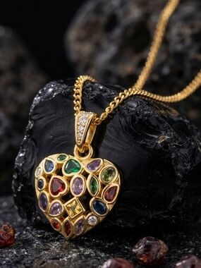 18K Gold Plated Rainbow CZ Heart Pendant Necklace Maximalist Byzantine 16" Gold